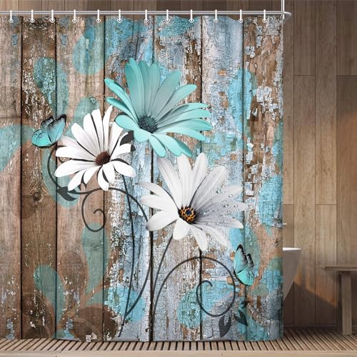JAWO Farmhouse Flower Floral Shower Curtain, Rustic Teal Turquoise Daisy Shower Curtain Set, Country Blue Wild Garden Plant Fabric Shower Curtain with Hooks, Surreal Bathroom Curtain, 69x70inch - color: Daisy-teal, size: 69"W x 70"L (Pack of 1)
