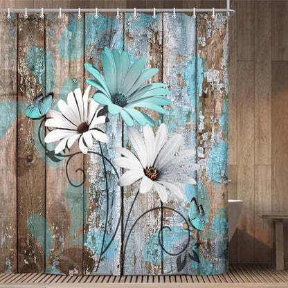 JAWO Farmhouse Flower Floral Shower Curtain, Rustic Teal Turquoise Daisy Shower Curtain Set, Country Blue Wild Garden Plant Fabric Shower Curtain with Hooks, Surreal Bathroom Curtain, 47x64inch - color: Daisy-teal, size: 47"W x 64"L (Pack of 1)