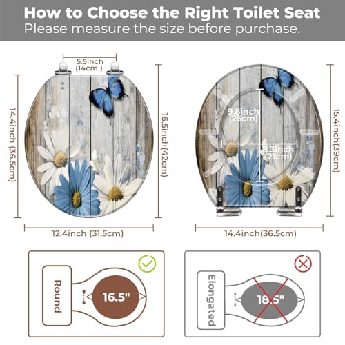Round Resin Toilet Seat, Quietly Close Quick Release Hinges Cover | Toilet Lid Cover Easy to Clean and Install, Flower Shower Daisy Wild Rustic Floral Blue Daisies Heavy Duty Toilet Seat - color: pattern9, size: O-shape