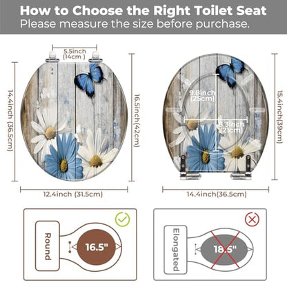 Round Resin Toilet Seat, Quietly Close Quick Release Hinges Cover | Toilet Lid Cover Easy to Clean and Install, Flower Shower Daisy Wild Rustic Floral Blue Daisies Heavy Duty Toilet Seat - color: pattern9, size: O-shape