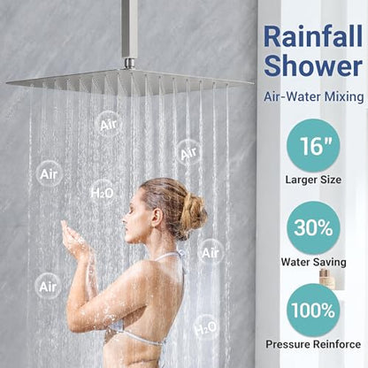 Thermostatic Dual Rianfall Shower System with 6+16-Inch Shower Heads, Brushed Nickel Ceiling Mount Full Body Rain Shower Faucet Set with Double High Pressure HandHeld Sprayer for 2-Person - color: Brushed Nickel