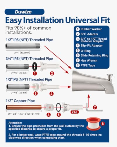 Universal Bathtub Faucet with Diverter, Tub Spout Replacement Fits 1/2" Slip-on Copper Pipe and 1/2" & 3/4" IPS Threaded, Bathroom Tub Faucet Set with Adapters and Hex Wrench (Brushed Nickel) - color: Brushed Nickel