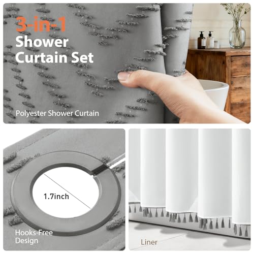 Grey Hook Free Chevron Shower Curtain & Fabric Liner,72x75 | Less Time to install, 3 in 1 Fabric Shower Curtain and Liner Set with Magnets, Mesh Top Window, Shower Curtains for Bathroom - color: Grey, size: 72"W x 75"L (Pack of 1)
