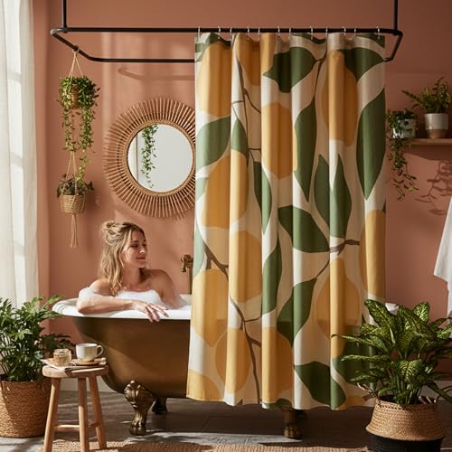 Lemons in Full Bloom Linen Shower Curtain Set with Liner,72" Wx72 L | Double Layer Shower Curtain Waterproof Fabric with Zippered Removable PEVA Liner,Boho Shower Curtain for Bathroom,Free Hooks - color: Lemon