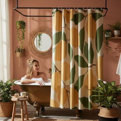 Lemons in Full Bloom Linen Shower Curtain Set with Liner,72" Wx72 L | Double Layer Shower Curtain Waterproof Fabric with Zippered Removable PEVA Liner,Boho Shower Curtain for Bathroom,Free Hooks - color: Lemon