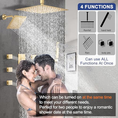 Thermostatic Shower System Dual Shower Heads with 16" Ceiling Mounted Rain Shower Head & 6" Wall Mounted Head 4 Function Shower System with body jets Can All Run Together, Brushed Gold - color: Brushed Gold, style: 16 inch +6 jets