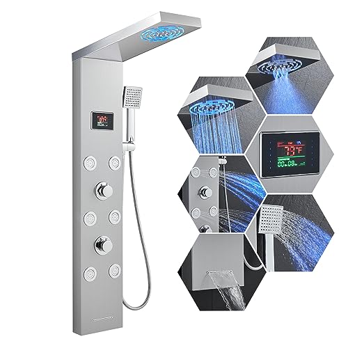 Stainless Steel Shower Panel Tower System with LED lights(No battery need), Hydroelectric LED Rainfall Shower Tower System with 6 Pcs Body Jets, Brushed Nickel - color: Brushed Nickel - 6 Body Jets