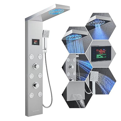 Stainless Steel Shower Panel Tower System with LED lights(No battery need), Hydroelectric LED Rainfall Shower Tower System with 6 Pcs Body Jets, Brushed Nickel - color: Brushed Nickel - 6 Body Jets