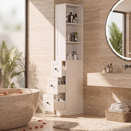 Tall Narrow Bathroom Storage Cabinet, 67" Floor Cabinet with 2-Way Reversible Door & 3 Drawers, Narrow Pantry Linen Tower with Adjustable Shelves for Small Space, Kitchen, Laundry, White - color: White