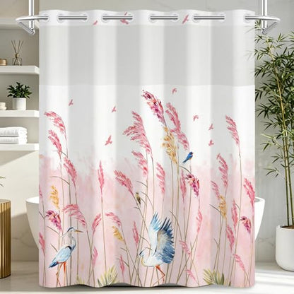 Hook Free Shower Curtain with Liner, Hotel Style Double-Layer Waterproof Pink Shower Curtain with Breathable Vent Window and Weighted Hem, Farmhouse Pastel Reed Bath Curtain, 71x74 Inches - color: Heron in Reed