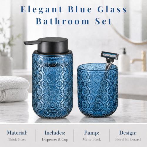 Bathroom soap Dispenser and Toothbrush Holder Set | Bathroom Accessories 2 pack cup and toothpaste holder blue glass - color: Navy Blue