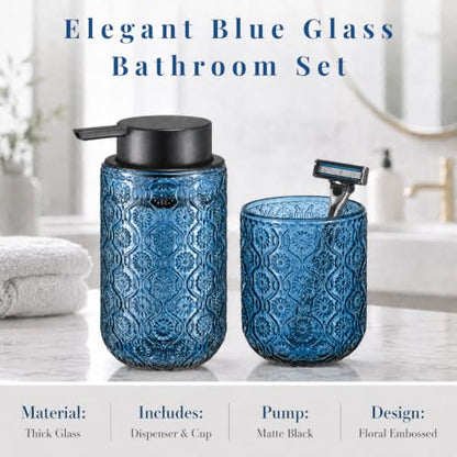 Bathroom soap Dispenser and Toothbrush Holder Set | Bathroom Accessories 2 pack cup and toothpaste holder blue glass - color: Navy Blue