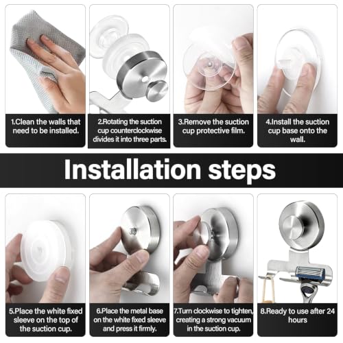 Shower Suction Razor Holder, Stainless Steel No-Drill Bathroom Hook | Reusable, Waterproof & Rustproof, Holds Up to 15 lbs – Fits Razors, Towels, Loofahs, Glass Doors & Tiles,Silver 2-Pack - color: Silver