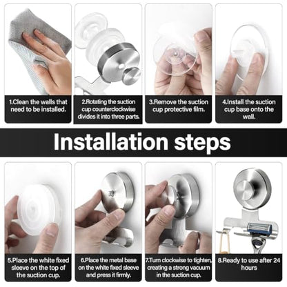 Shower Suction Razor Holder, Stainless Steel No-Drill Bathroom Hook | Reusable, Waterproof & Rustproof, Holds Up to 15 lbs – Fits Razors, Towels, Loofahs, Glass Doors & Tiles,Silver 2-Pack - color: Silver