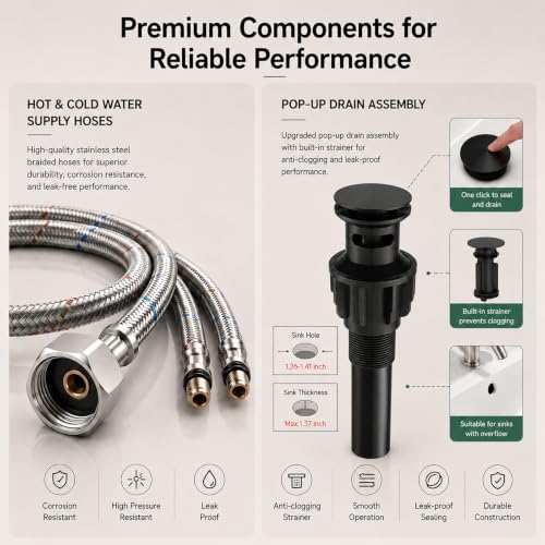 VOTON Black Bathroom Faucets Modern Waterfall Bathroom Sink Faucet Matte Black Single Handle Bathroom Faucet for 1 or 3 Holes with Deck Plate and Pop-Up Drain, Rv Sink Camper Farmhouse Bathroom Faucet - color: Black