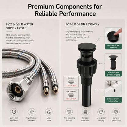 VOTON Black Bathroom Faucets Modern Waterfall Bathroom Sink Faucet Matte Black Single Handle Bathroom Faucet for 1 or 3 Holes with Deck Plate and Pop-Up Drain, Rv Sink Camper Farmhouse Bathroom Faucet - color: Black