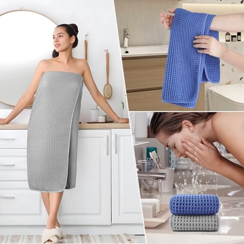 POLYTE 430 GSM Poly Blend Microfiber Quick Dry Waffle Bath Towel Set of 6 | 2-Body Towels, 2-Hand Towels, 2-Wash cloths, Oversize, Lint Free - color: Light Gray,royal Blue
