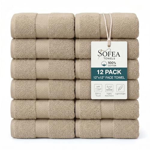 Sofea 100% Cotton Washcloths Set of 12, (12 x 12 Inch) 520 GSM Wash Cloths, Extra Soft Absorbent Quick Dry Face Towels - color: Beige