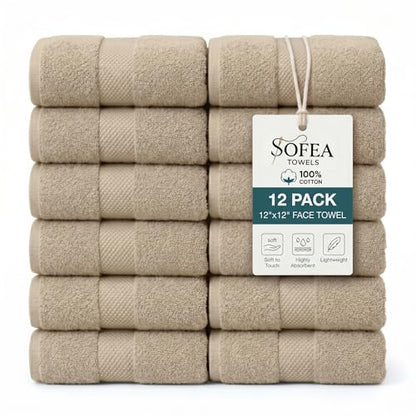 Sofea 100% Cotton Washcloths Set of 12, (12 x 12 Inch) 520 GSM Wash Cloths, Extra Soft Absorbent Quick Dry Face Towels - color: Beige