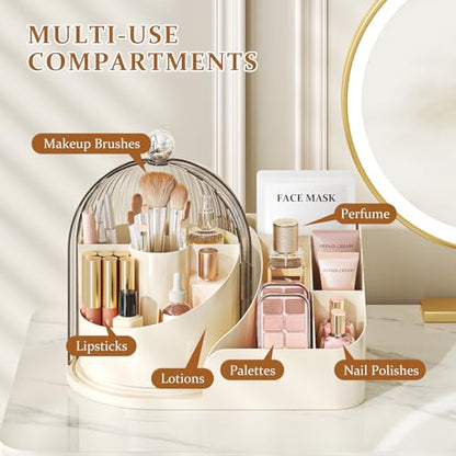 360 Rotating Makeup Organizer with Clear Dust Lid, Multi-compartment Perfume & Makeup Brush Holder, Large Capacity Vanity Desk Storage for Cosmetics, Skincare, Kitchen, Pantry, Bathroom Countertop