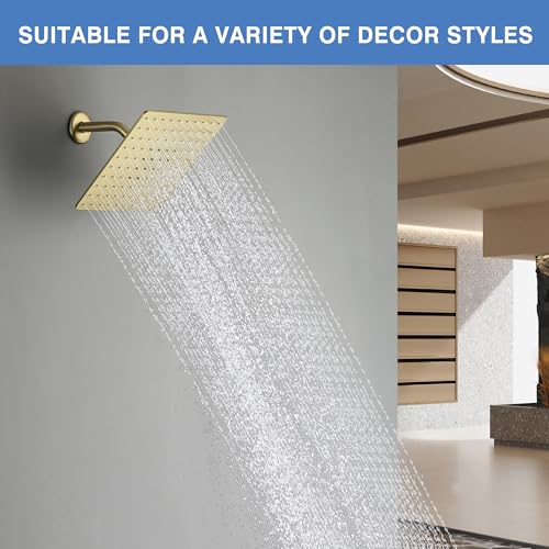 Solid Metal Rain Shower Head, Square High Flow Rainfall Shower Head with Shower Arm and Flange, Reinforced Explosion-Proof Stainless Steel Construction (10-Inch, Brushed Gold) - color: Brushed Gold, size: 10 Inch