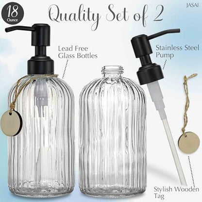 JASAI 2PACK 18Oz Simple Glass Soap Dispensers with Black Pump, Refillable Kitchen soap Dispenser with Vertical Stripe, Bathroom Soap Dispenser for Bathroom Hand soap, Dish Soap, Lotion. - color: Clear-black Pump-2p, size: 2 Pack