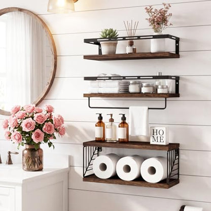 Fixwal Wall Mounted Bathroom Shelves Over Toilet (3+1 Dark Brown) | Wall Shelf with Basket Storage , Towel Bar, Solid Wood, 22Lb Capacity, Easy DIY Install - color: 6-dark Brown