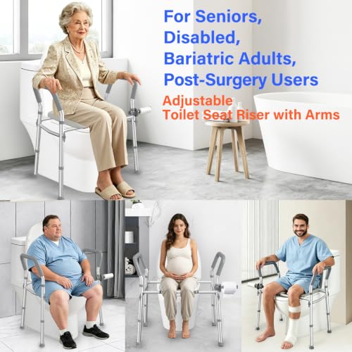 Raised Toilet Seat with Handles, Safety Toilet Stand Up Assist Frame | Adjustable Height & Width, Fits Round & Elongated Toilets, 350 LB Capacity, for Seniors, Handicap, Easy Install & Clean