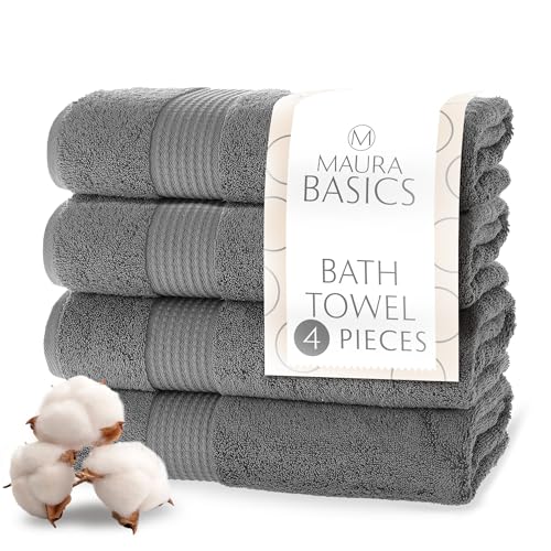 MAURA Basics Performance Bath Towels 100% Turkish Cotton with Hook Loops. Extra Large Luxury Absorbent Plush Towel Sets for Bathroom, Daily Use American Standard Size 27”x54”, Space Gray - color: Space Gray, size: Bath Towel (4-Pack)