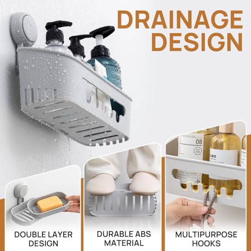 Shower Caddy Suction Cup Set Shower Organizer & Soap Holder, Grey | Toothbrush Holder, Bathroom Shelf Basket NO-Drilling, Removable Suction Storage, Waterproof Bathroom Caddy - color: 3 X Gray