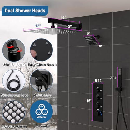 Enga Thermostatic Dual Shower System, 12"+6" Wall Mount Dual Rain Shower Faucet, All Functions Use Together & Volume Adjustable, Matte Black - color: Matte Black, style: ‎12"+6" Head