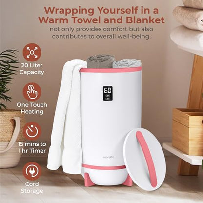 SereneLife Towel and Blanket Warmer - Single Touch Portable Towel Heater for Bathroom, Fragrant Disc Holder, LED Ring, 2 Large Towel Capacity, Built-in Timer (15-60 mins), Auto Shut-Off (Pink) - color: Pink