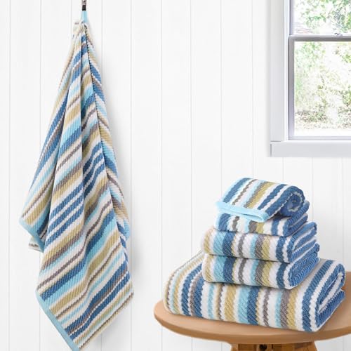 VOOVA & MOVAS Striped Towels 6 Pack, 100% Cotton, Blue Gray Beige | Household & Guest Bathroom, Available in 13x13, 16x27, 28x52 In, Quick Dry, Soft, Absorbent, Bath Towels with Hanging Loops - color: Blue + Gray + Beige Striped, size: 6 PCS Bathroom Towe