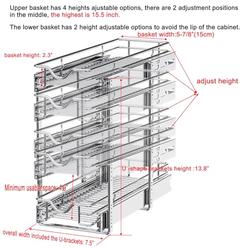 DINDON Pull Out Cabinet Organizer (7-1/2" W x 21-1/2"D), Cabinet Pull Out Shelves, 2 Tier Pull Out Drawers for Kitchen Cabinets, Wire Basket Slide Out Shelf for Cabinet Organization - size: 7-1/2" W X 21-1/2" D