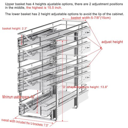 DINDON Pull Out Cabinet Organizer (7-1/2" W x 21-1/2"D), Cabinet Pull Out Shelves, 2 Tier Pull Out Drawers for Kitchen Cabinets, Wire Basket Slide Out Shelf for Cabinet Organization - size: 7-1/2" W X 21-1/2" D