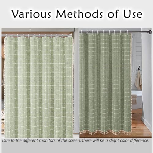 Sage Green Striped Shower Curtain - Farmhouse Boho Linen Fabric Shower Curtains for Bathroom, Bohemian Cute Thick Bathroom Curtain Set with Tassel - Bohemian Cloth Shower Curtain Long 71x79 Inch - color: Sage Green, size: 71"W x 79"L (Pack of 1)