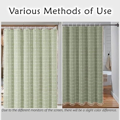 Sage Green Striped Shower Curtain - Farmhouse Boho Linen Fabric Shower Curtains for Bathroom, Bohemian Cute Thick Bathroom Curtain Set with Tassel - Bohemian Cloth Shower Curtain Long 71x79 Inch - color: Sage Green, size: 71"W x 79"L (Pack of 1)