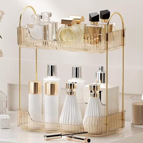 YCIA&DONE Bathroom Organizer Countertop, Makeup Storage, Skincare Cosmetic Tray Shelf, Perfume Holder Rack for Vanity Counter, Large Capacity, Easy to Install, Clean, 2 Tiers, Amber Gold - color: Amber Gold, size: 2-Tier