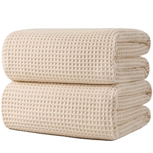 POLYTE 430 GSM Poly Blend Microfiber Waffle Bath Sheet XL Set, 35x70 in | 2 Pack, Oversize, Lint Free, Quick Dry - color: Light Beige, size: 35 x 70 in