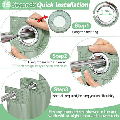Conbo Mio Extra Long No Hook Sage Green Waffle Weave Shower Curtain with Snap in Liner Set, Hotel Luxury Shower Curtains for Bathroom with See Through Top Window, Waterproof, Washable 71W x 84H - color: Sage Green Style, size: 71"W x 84"L (Pack of 1)