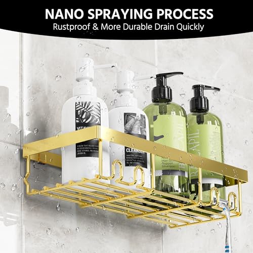 Moforoco 3-Pack Shower Caddy Basket Shelf with Soap Holder, No Drilling Traceless Adhesive Shower Wall Shelves, Rustproof Black Bathroom Shower Storage Organizer - color: Gold