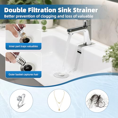 2-Pack Universal Bathroom Sink Drain Stopper, 4-in-1, Brushed Nickel | Hair Catcher Pop-Up Sink Strainer Stopper with 2-Layer Removable Stainless Steel Basket, Drain Plug for 1.1"-2.36" US Basin - color: Brushed Nickel Finished