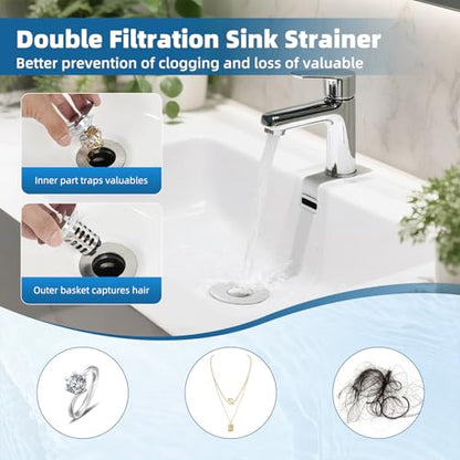 2-Pack Universal Bathroom Sink Drain Stopper, 4-in-1, Brushed Nickel | Hair Catcher Pop-Up Sink Strainer Stopper with 2-Layer Removable Stainless Steel Basket, Drain Plug for 1.1"-2.36" US Basin - color: Brushed Nickel Finished