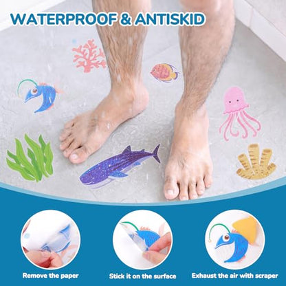 Pratique Non Slip Bathtub Stickers, 6 Pages World Ocean Day | Sea Organism Adhesive, Kids Anti Slip Decal Threads, Shower Floor and Bath Tub Decals, Premium Scraper - color: Ocean Day