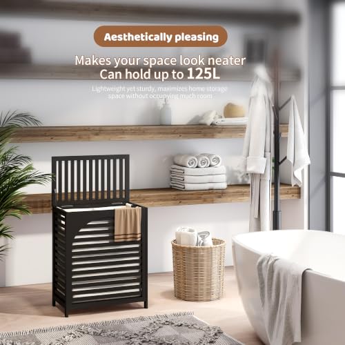 Laundry Hamper with Lid, Bamboo with Handles and Removable Liner Bag, 125L Laundry Basket for Bedroom, Bathroom & Laundry Room(Black) - color: Black