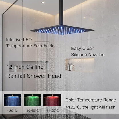Black Tub Shower Faucet Set 4 Functions Thermostatic Shower System | with Tub Spout, Ceiling Mounted 12 inch Shower Head, 6 Body Jet, Handheld Spray - color: Black, size: 12" Ceiling Shower