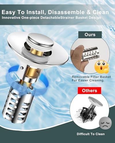 Bathroom Sink Drain Strainer,Universal Fit 99% Bathroom Sink Stopper, Anti-Clog Stainless Steel Drain Filter Basket, Removable Sink Drain for Bathroom Sink Stopper for (1.18'' to 2.17'' inch) Drain