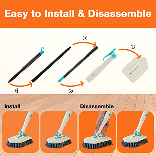 3 in 1 Scrub Cleaning Brush with Long Handle 51'' - Shower Bathtub Tub & Tile Scrubber Brush Include 1 Stiff Brush Head & 3 Scouring Pads & 3 Microfiber Clothes, for Wall Bathroom Glass Bathtub(White) | Tub & Tile Scrubber Brush of 1 Stiff Brush Head & 3