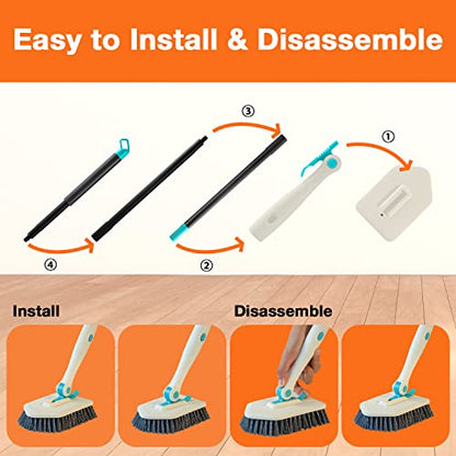 3 in 1 Scrub Cleaning Brush with Long Handle 51'' - Shower Bathtub Tub & Tile Scrubber Brush Include 1 Stiff Brush Head & 3 Scouring Pads & 3 Microfiber Clothes, for Wall Bathroom Glass Bathtub(White) | Tub & Tile Scrubber Brush of 1 Stiff Brush Head & 3
