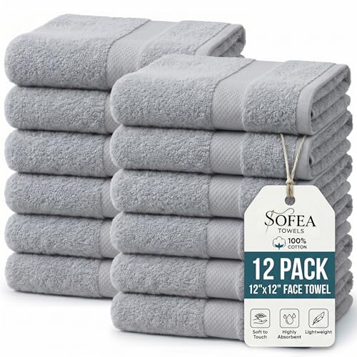 Sofea 100% Cotton Washcloths Set of 12, (12 x 12 Inch) 520 GSM Wash Cloths, Extra Soft Absorbent Quick Dry Face Towels - color: Light Grey